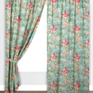 Genevieve Aqua Floral Cotton Sleeve Top Curtains Set Of 2